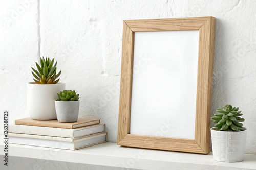 Obraz na płótnie Wooden Frame Mockup With Succulents On Bookshelf Near White Wall Decor Display w salonie