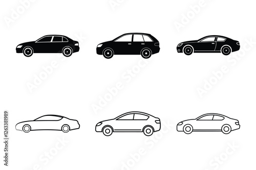 Set of Side View Car Icons  Collection of Black and White Sedan and Coupe Vehicles