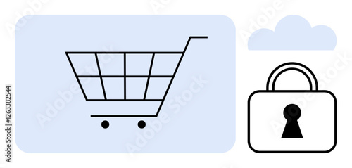 Shopping cart beside lock and cloud icon suggesting online shopping security. Ideal for e-commerce, cybersecurity, online payments, secure transactions, digital wallets, data protection, cloud