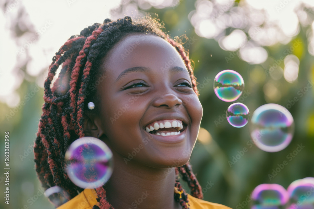 Bubbles, playful and African girl in nature with freedom, smile and playing in a park. Spring, happy and carefree child with a bubble game in a backyard or field with plants for happiness and youth Bubbles, playful and African girl in nature with freedom, smile and playing in a park. Spring, happy and carefree child with a bubble game in a backyard or field with plants for happiness and youth