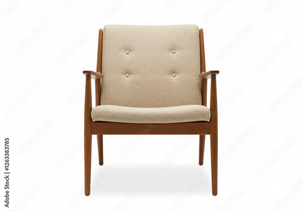 Fototapeta premium A mid-century modern wooden chair with beige upholstered seat and backrest isolated on a white background