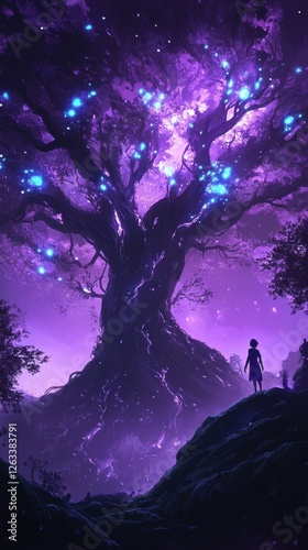 Figure stands before a large tree in a purple landscape