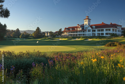 A breathtaking view of the Pinehurst golf course under a clear blue sky