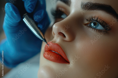 A close-up of a lip liner tattoo procedure being performed