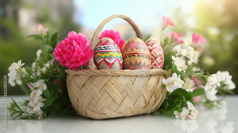 Fototapeta premium basket filled with colorful Easter eggs, decorated with intricate patterns, surrounded by blooming spring flowers and green grass