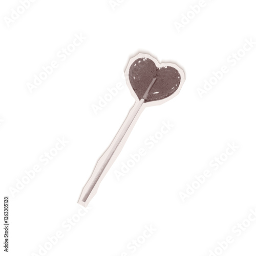 Vintage torn out paper collage of lollipop on stick in heart form. Isolated vector sticker of collage illustration cut from an old newspaper with halftone dot texture on transparent background
