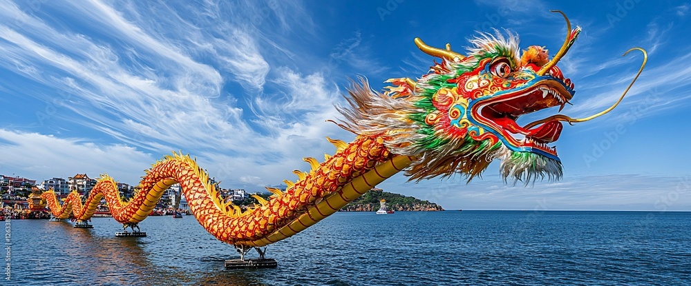 Fototapeta premium Giant Dragon Statue by Seaside Town, Festive Background