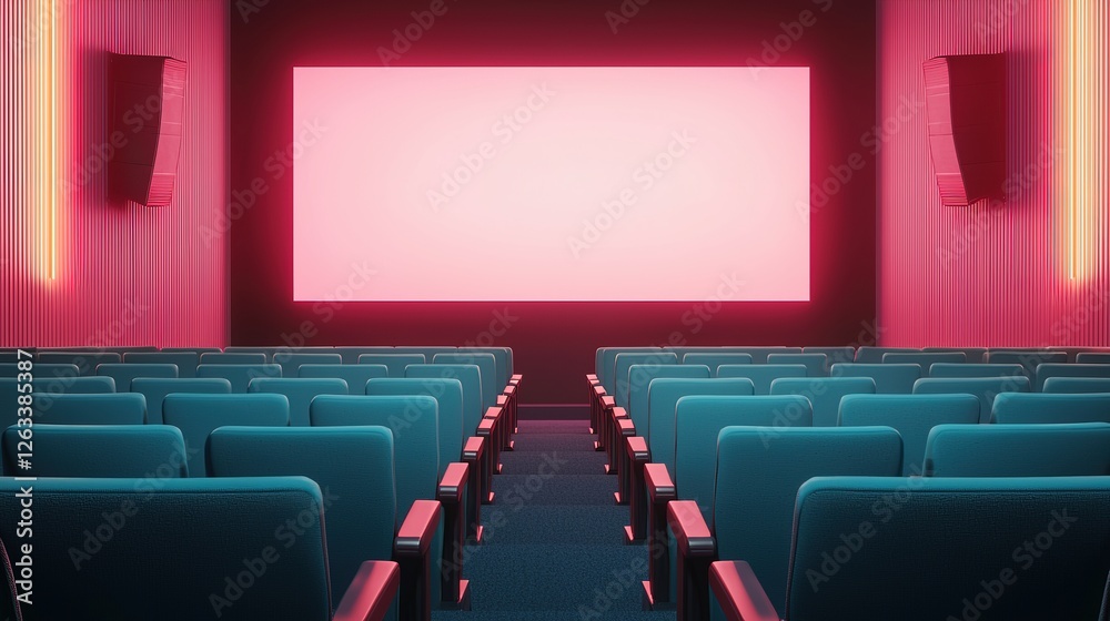 Fototapeta premium Empty theater with pristine white screen modern cinema digital art vibrant colors wide angle minimalist design