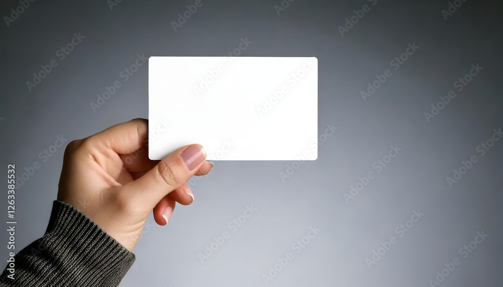 Fototapeta premium Female hand displaying a blank business card, isolated on a gray background for branding purposes