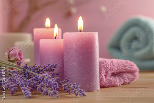 Burning candles with lavender flowers. Spa and Wellness background in purple and pink colors
