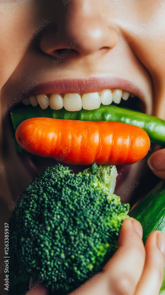 Person enjoying fresh vegetables while holding broccoli and carrots in mouth with a joyful expression in a bright kitchen Person enjoying fresh vegetables while holding broccoli and carrots in mouth with a joyful expression in a bright kitchen