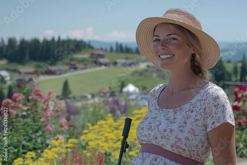 A pregnant woman enjoying Nordic walking in a scenic park photo