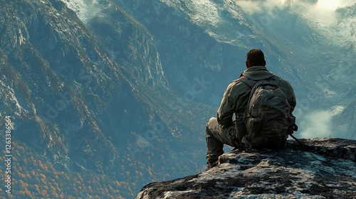 Male hiker resting while enjoying the mountain views