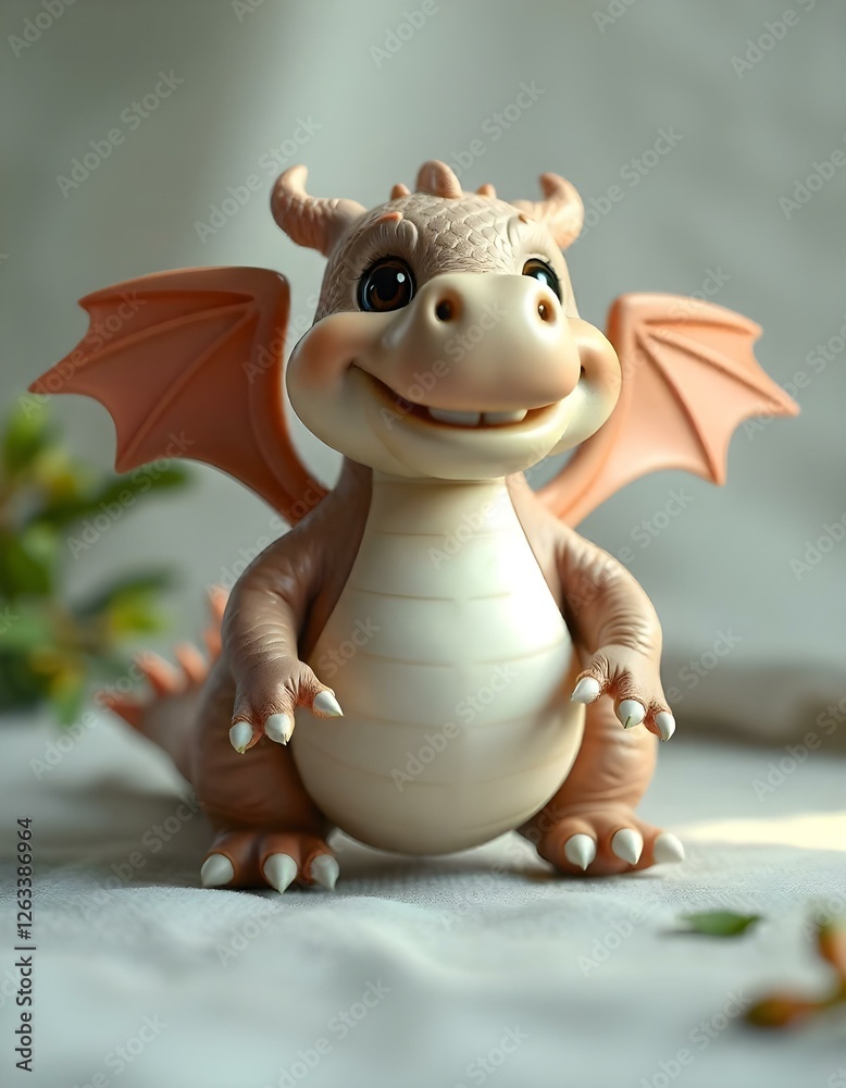 Naklejka premium A cartoon-style 3D model of a chubby dragon with tiny wings, short legs, and a big round belly. Its playful face features a wide toothy grin and bright expressive eyes. The scales are smooth and sligh