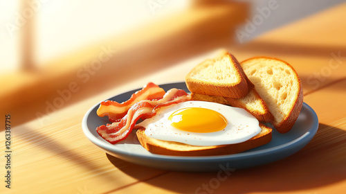 A delicious breakfast plate featuring crispy bacon, a perfectly fried egg, and golden toast, set against a sunlit background. Ideal for showcasing morning meals. photo