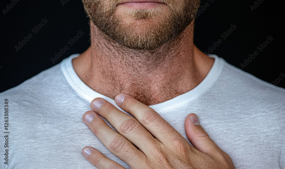 Fototapeta premium Close-Up Portrait of a Man with Beard and Outstretched Hand Over Heart in Natural Light Against a Dark Background