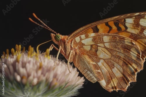 Intricate close-up of a Queen of Spain fritillary butterfly with detailed wings and furry body, resting on a delicate flower against a dark background. photo