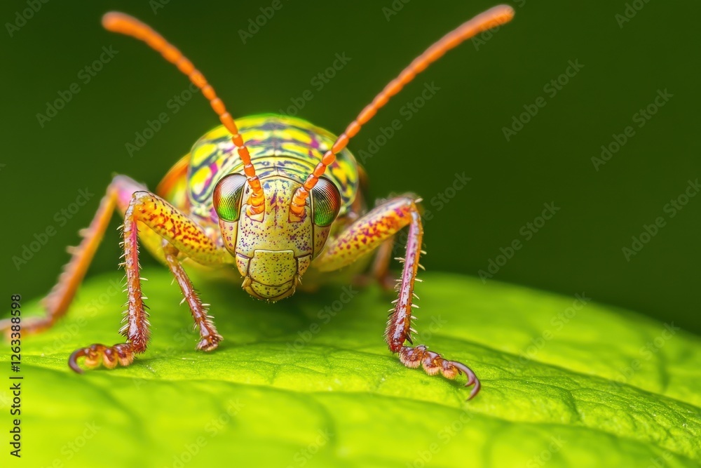 Fototapeta premium A striking macro portrait of a colorful grasshopper resting on a vibrant green leaf, showcasing its detailed features and textures against green backdrop.