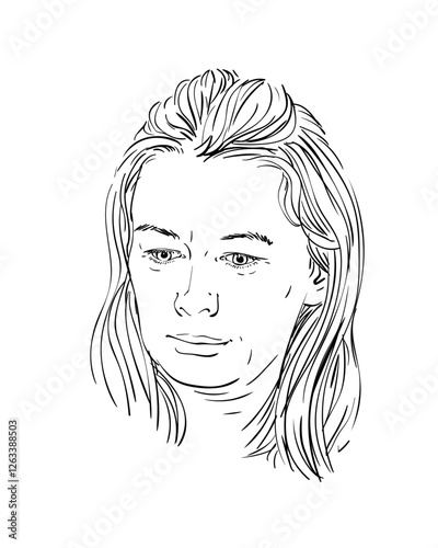 Portrait of a middle age woman with loose medium length hair looking down thoughtfully, Hand drawn Illustration, Vector sketch isolated female head