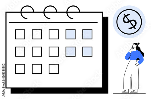 Large calendar with highlighted dates, contemplating woman, and dollar sign. Ideal for time management, financial planning, scheduling, budgeting, strategy goal setting productivity. Balancing time