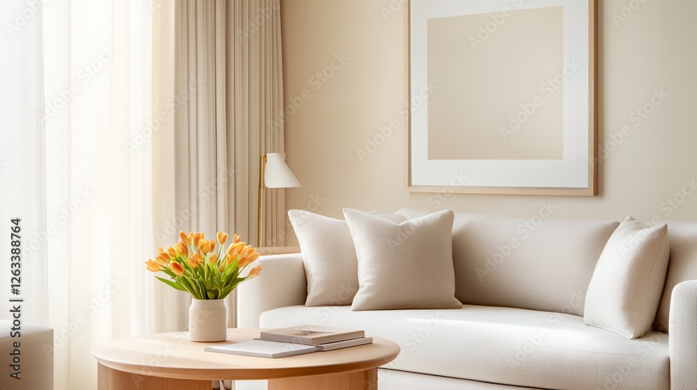 A white couch with pillows and a vase of flowers on a coffee table A white couch with pillows and a vase of flowers on a coffee table