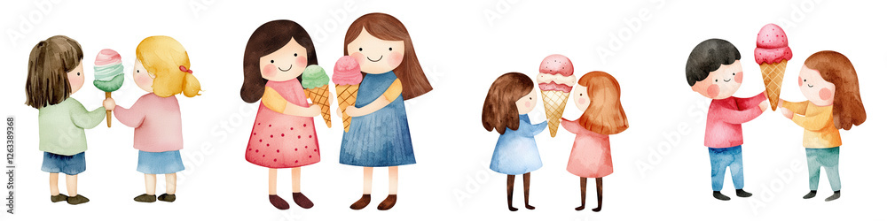 Cute friends sharing ice cream in joyful watercolor scene, isolated on transparent background. Cute friends sharing ice cream in joyful watercolor scene, isolated on transparent background.