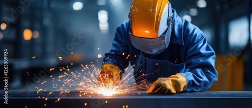 Skilled Worker Performing Welding in Industrial Workshop with Sparks Flying in a Modern Manufacturing Facility