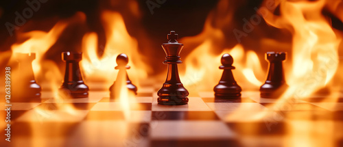 A dramatic image of a chessboard engulfed in flames, featuring black chess pieces in focus. The intense contrast evokes a sense of challenge and strategy amidst chaos. photo