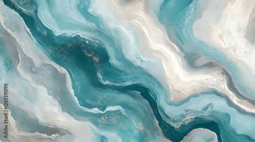 Abstract Teal White and Grey Swirling Marble Art