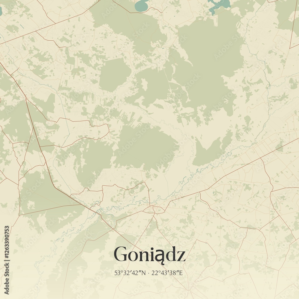 Fototapeta premium Vintage map of Goniadz, Poland.