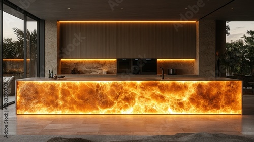 Luxurious modern kitchen, backlit onyx island, patio view