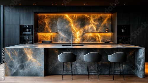 Luxurious modern kitchen island with backlit onyx, dark cabinetry, and bar stools