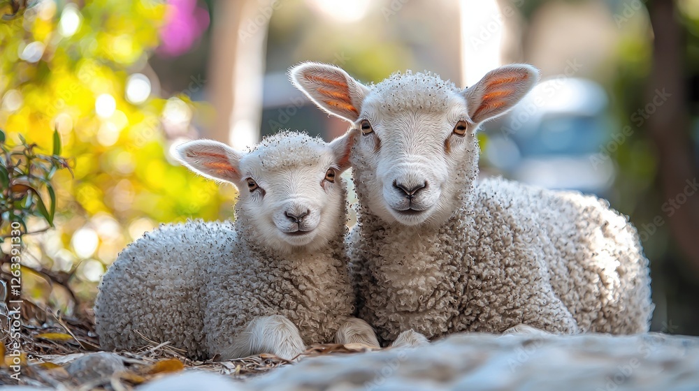 Two adorable lambs cuddling together outdoors, one adult and one baby lamb. Two adorable lambs cuddling together outdoors, one adult and one baby lamb.