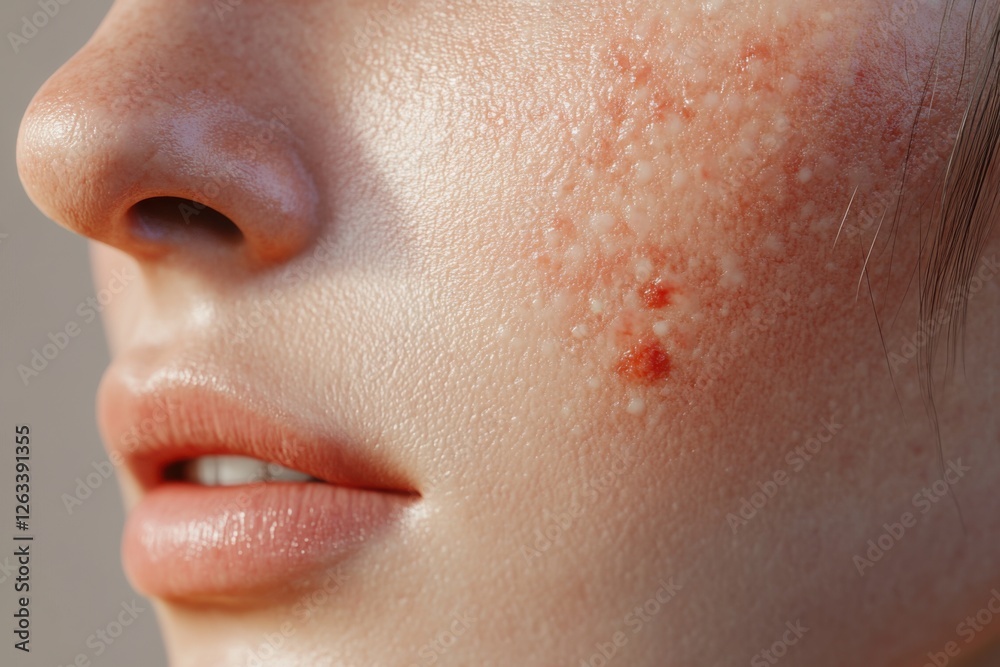 Fototapeta premium Detailed close-up revealing rosacea on fair skin, emphasizing bumps, redness, and inflammation around the cheek area, highlighting skin condition imperfections.