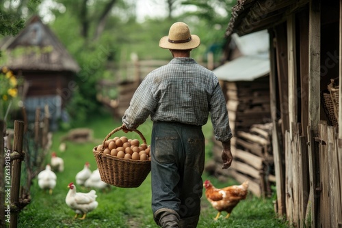 A farmer carrying a basket of fresh eggs from a chicken coop