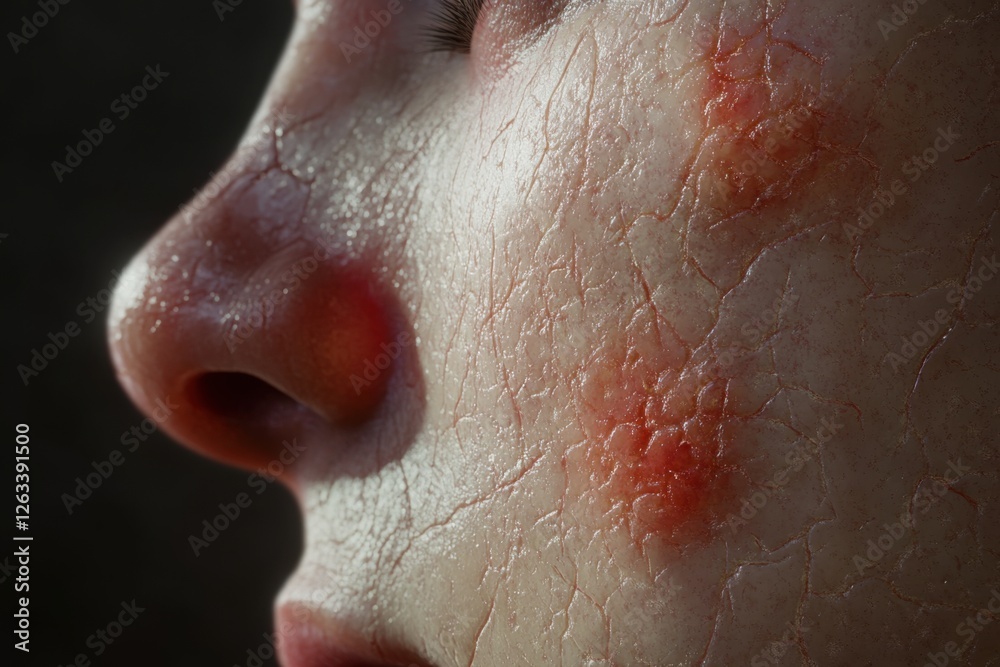 Fototapeta premium Close-up of a face displaying severe skin problems, emphasizing skin texture, dryness, and redness due to inflammation and cracked skin.