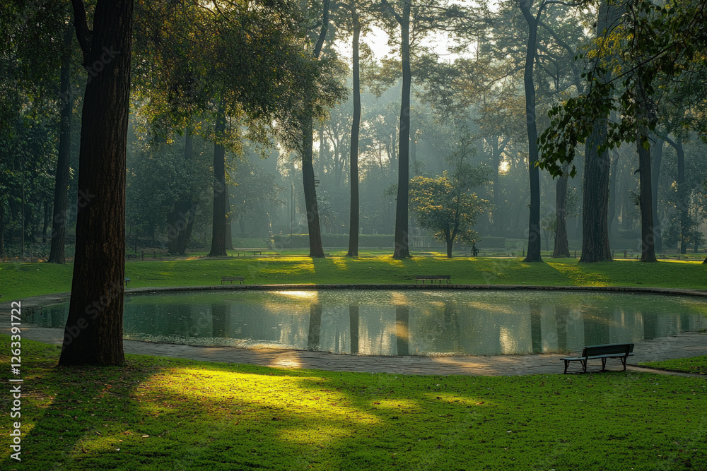 Obraz premium The serene beauty of Gadisagar Lake, surrounded by greenery