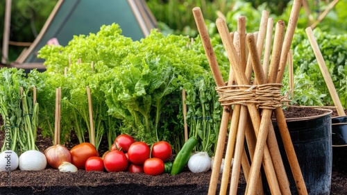 Sustainable agriculture. Fresh vegetables and gardening tools in a vibrant garden setting. photo