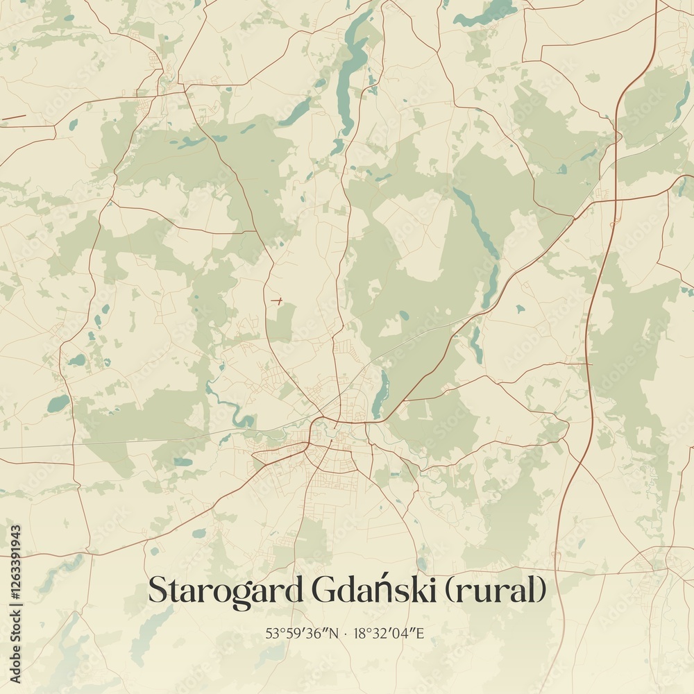Fototapeta premium Vintage map of Starogard Gdanski (rural), Poland.