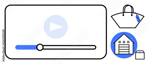 Video player interface with progress bar, shopping bag with tag, warehouse icon symbolizing e-commerce logistics. Ideal for online shopping, digital media, retail, supply chain, packaging, marketing
