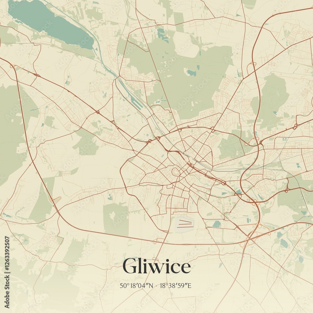 Fototapeta premium Vintage map of Gliwice, Poland.
