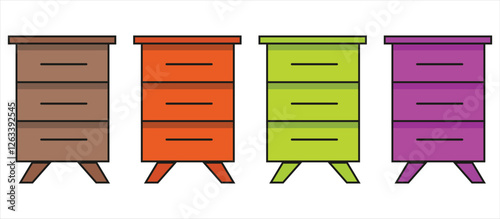 Collection of colorful cartoon style furniture with drawers dresser cabinet and storage items