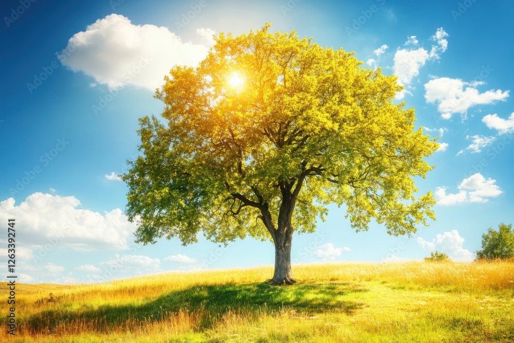 A vibrant green tree in a field of gold, bathed in sunlight under a blue sky with clouds, creating a picturesque landscape perfect for a summer day dream. A vibrant green tree in a field of gold, bathed in sunlight under a blue sky with clouds, creating a picturesque landscape perfect for a summer day dream.