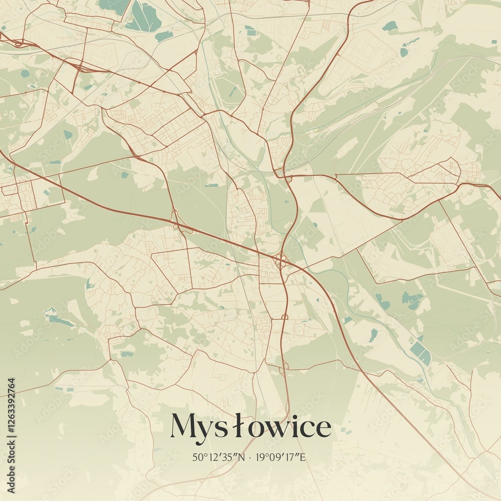 Fototapeta premium Vintage map of Myslowice, Poland.