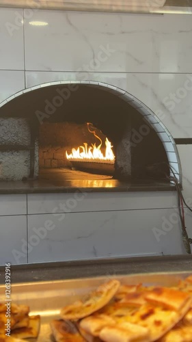 A pizza oven with glowing flames from burning gas, cooking a delicious pizza inside.