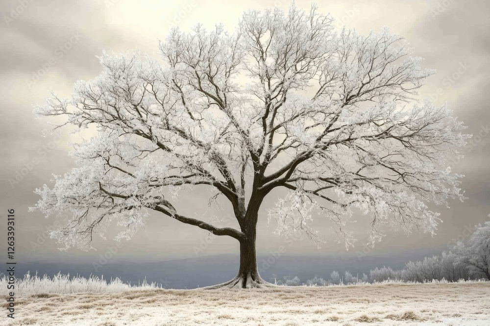 A grand oak tree, its branches coated in shimmering frost, stands alone in a winter landscape under a soft, overcast sky in a tranquil scene. A grand oak tree, its branches coated in shimmering frost, stands alone in a winter landscape under a soft, overcast sky in a tranquil scene.