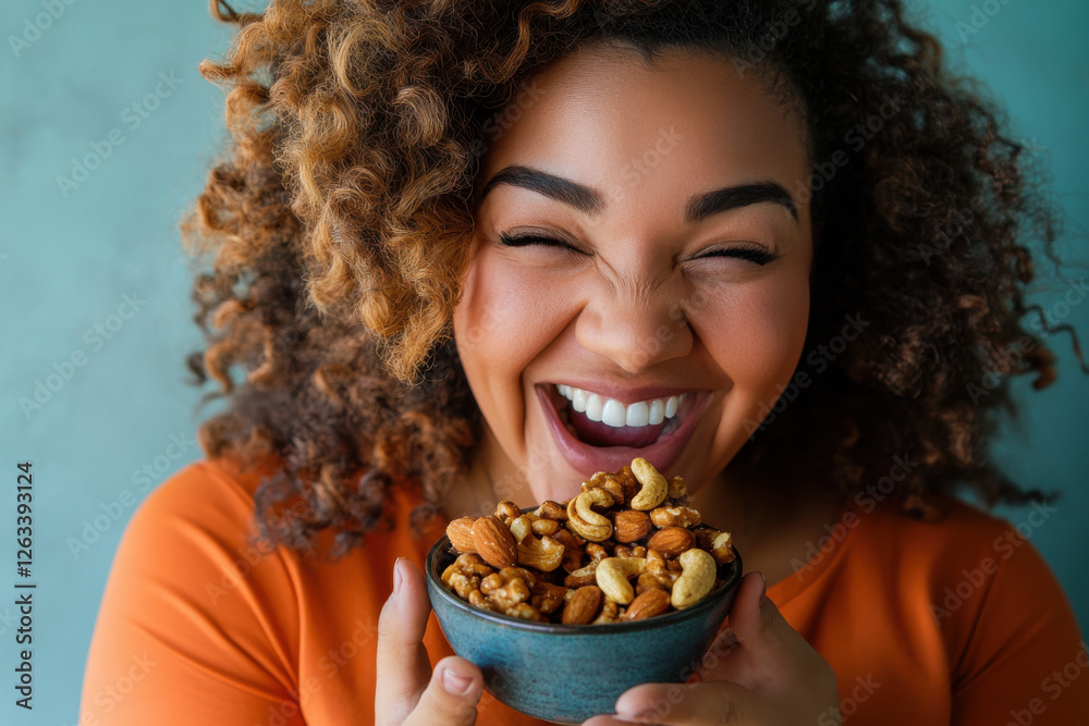 Woman, plus-size, eating mixed nuts with a joyful expression Woman, plus-size, eating mixed nuts with a joyful expression