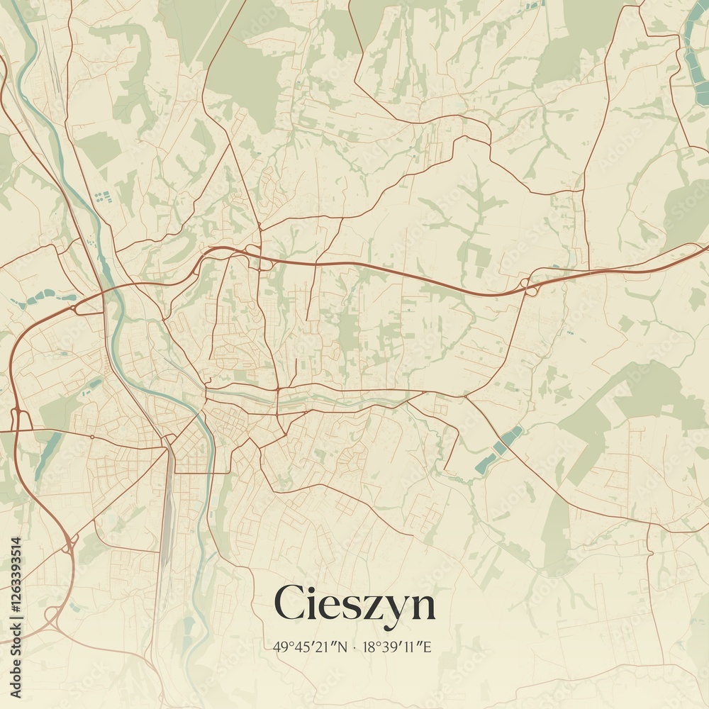 Fototapeta premium Vintage map of Cieszyn, Poland.