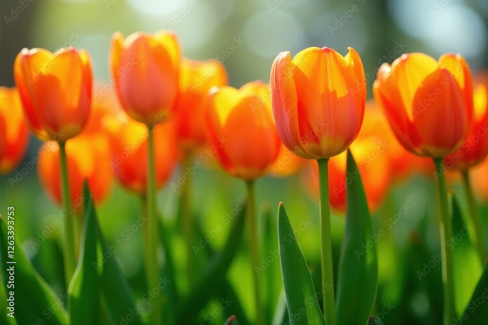 Striking orange tulips, neatly arranged, sunny spring day , floral, plant, botany Striking orange tulips, neatly arranged, sunny spring day , floral, plant, botany