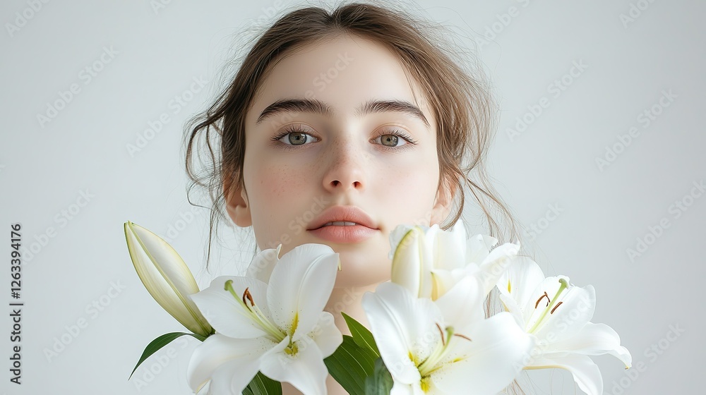 Young Woman with White Lilies Beautiful Face and Flowers Young Woman with White Lilies Beautiful Face and Flowers